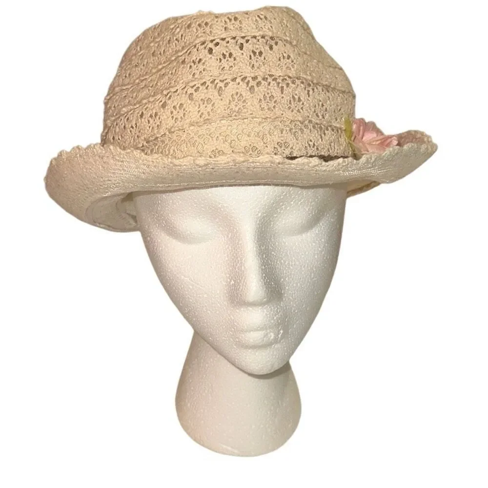 Claire's Girls Cream Pink Side Silk Flower Braided Rope Lace Fedora Hat One Size